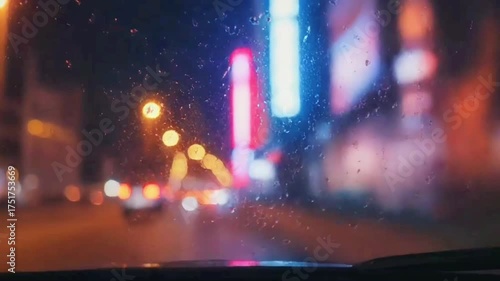 Neon City Lights Reflected on a Moving Car Window at Night