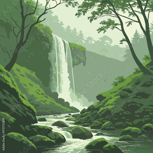 Serene cascading waterfalls flowing through a lush moss covered forest evoking a sense of natural beauty and tranquility