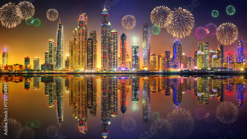 Spectacular night view of Dubai city with dazzling fireworks surrounding the Burj Khalifa, the tallest building in the world. The city lights, skyscrapers, and vibrant reflections capture the exciteme