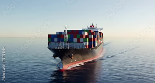 A large container ship sails across the calm blue ocean under a clear sky, carrying colorful cargo containers animated 4k video