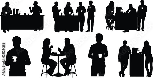 Silhouette of people drinking coffee group of men and women standing and sitting at bar and table