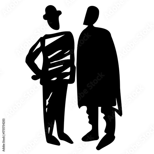 Two outline silhouettes in black color, two sketchy stylized persons for background design