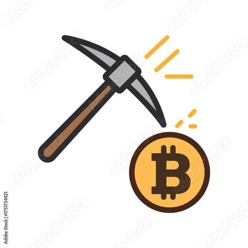 A gray pickaxe striking golden bitcoin with impact lines showing crypto mining on white background