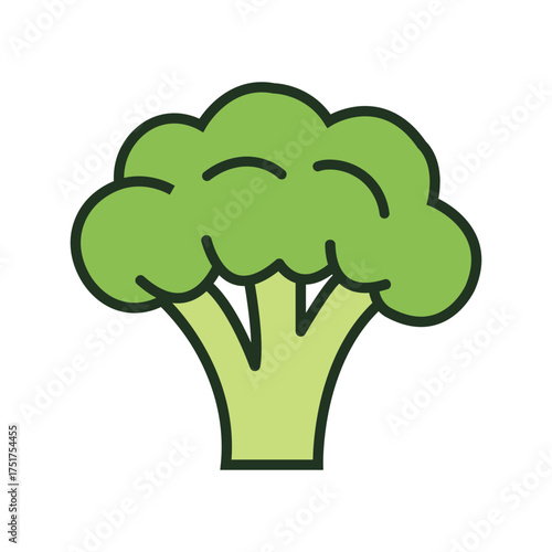 A light green broccoli head with dark green outlines sits on white background