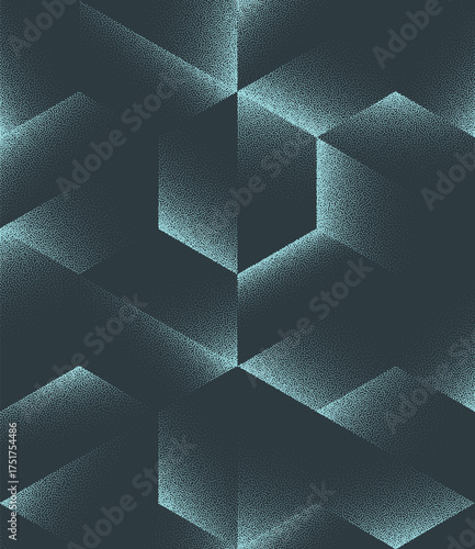 Vector abstract seamless patterned background with futuristic halftone hexagonal grid shift in cyan hue. Grainy textured abstraction for conceptual design, interface, innovation and digital technology