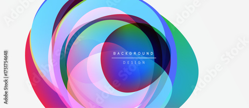 Abstract colorful layers create dynamic circular design. Bright hues blend, forming modern background element. Text reads background design.
