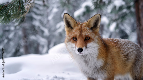 Mammals Fox Vulpes vulpes in winter scenery, Poland Europe, animal walking among winter snowy meadow. curious fox playi snow, with paw prints in the freshly fallen snow, surrounded pine trees