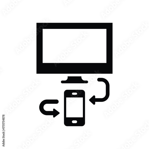 Black mobile phone synchronizes data with computer via arrows on white background