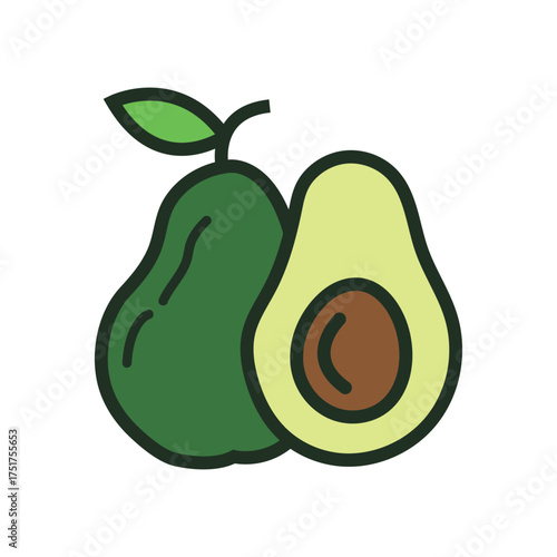 Simple avocado icon presents both whole and halved versions on white background