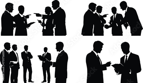 Silhouette illustrations of business people in various poses includes pointing, reading and discussing topics