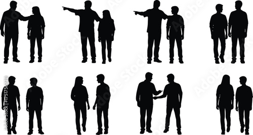 Silhouettes of people standing together, representing teamwork, communication, and social interaction