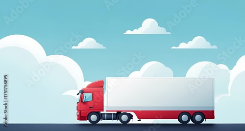 A vibrant red semitruck with a white trailer drives along a road under a bright blue sky filled with fluffy white clouds animated 4k video