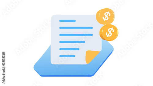 Isometric illustration of a document with dollar coins, , representing finance, payment, billing, and financial transactions