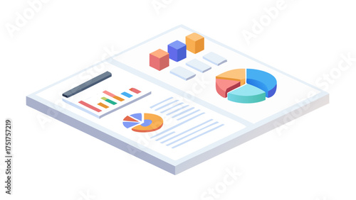 Isometric illustration of business report, showcasing data analysis, charts, and financial insights for strategic planning