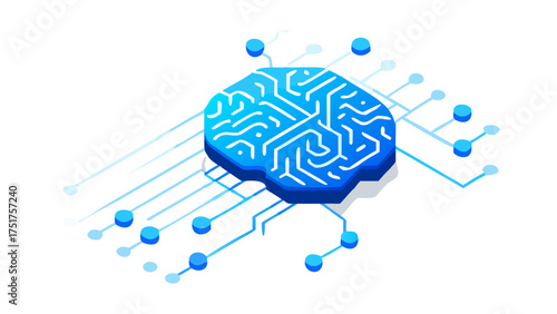 Isometric illustration of an artificial intelligence brain, representing machine learning, neural networks, and cognitive computing