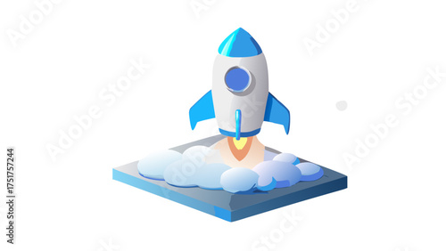 Isometric illustration of a rocket launch, symbolizing startup success, innovation, and technological advancement in business