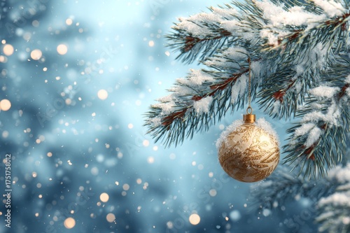 Winter photo of a snow-covered pine tree positioned on the right side against a clean background, minimalist and serene seasonal scene.