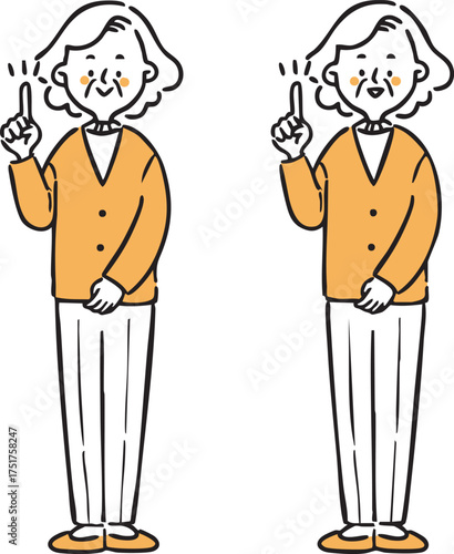人差し指を立てて説明するおばあさん　全身　ベクター（オレンジ）
