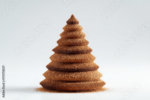 Minimalist high-resolution photo of a Christmas tree made from ground cinnamon on a clean white background, festive and creative holiday concept.