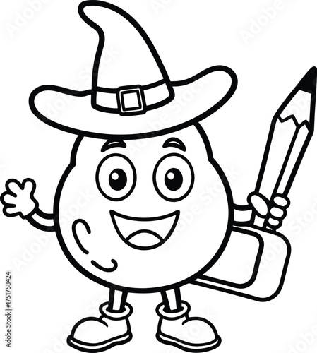Cartoon character wearing witch hat holding pencil and eraser