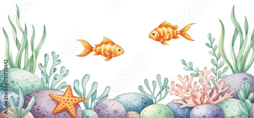 Watercolor ocean scene with goldfish starfish and seaweed underwater illustration for kids designs