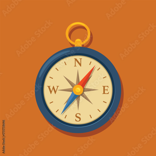 Vintage navigation tool displaying directions with a blue and red needle on a warm brown background.
