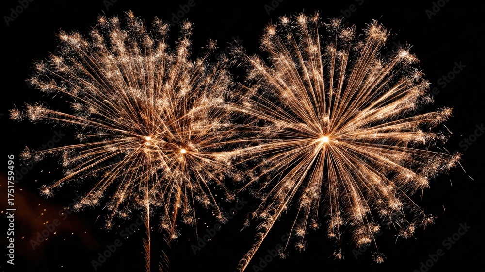 Obraz premium Golden Fireworks Display Illuminating Night Sky, Celebration and Festive Occasion, Pyrotechnics, Dark Background