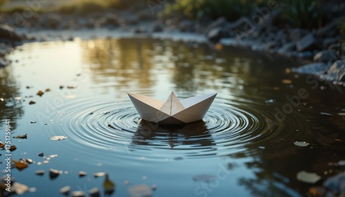 Paper Boat Drifting on Calm Water Surrounded by Rocks and Autumn Leaves in Serene Nature