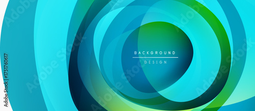 Abstract circular layers, vibrant blues, greens. Modern design, dynamic composition, smooth gradients create depth. Minimalist aesthetic.