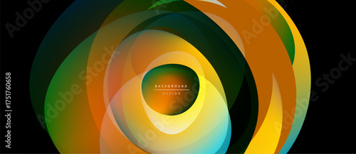 Abstract layers create dynamic oval shape. Warm colors blend with cooler tones, forming modern design. Central focus draws viewers eye.
