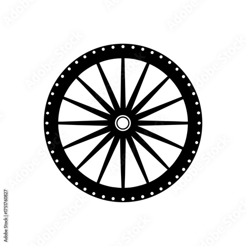 Illustration of a black spoked wheel on transparent background silhouette