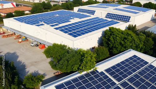 Solar panel installation on warehouse roofs industrial site aerial view sustainable energy