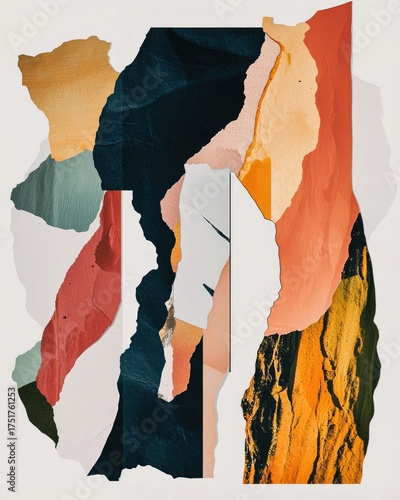 Abstract collage of colorful paper pieces in various shapes and textures. The composition features warm and cool tones, creating a dynamic visual effect.