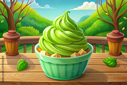 Italian pistachio gelato in cup wallpaper vector green creamy frozen dessert with natural nut flavor, perfect for Mediterranean style.