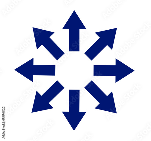 Eight blue arrows pointing outward from a center point showing distribution or expansion