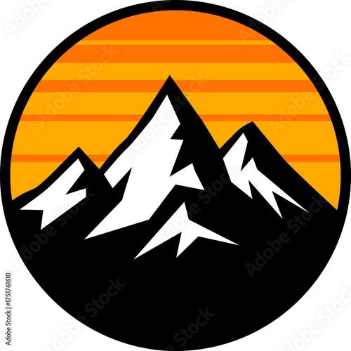A minimalist mountain range illustration with a sunset, rendered in a simple, graphic style.