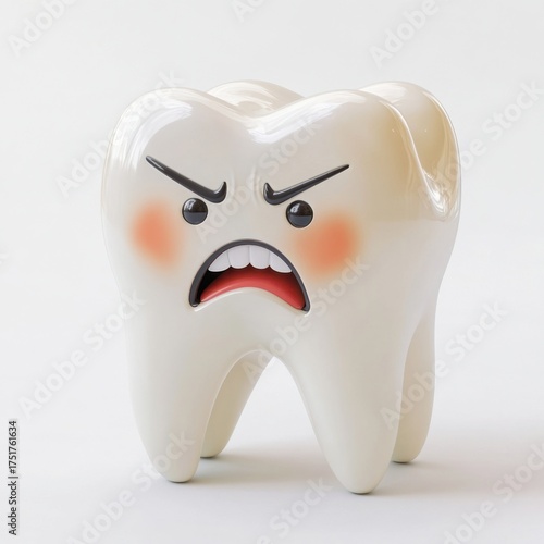 A quirky, animated tooth figurine with an angry expression, showcasing a playful and humorous approach to dental health.