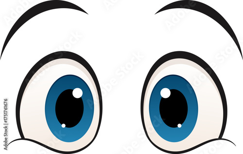 Cartoonish wide-eyed gaze with expressive blue irises and dark eyebrows over a black background