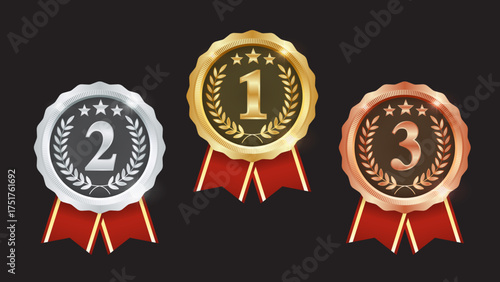 Gold, Silver, and Bronze Medals Set – Champion No.1, No.2, No.3 Award Badges with Laurel Wreath and Red Ribbon Vector