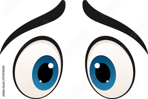 Cartoon-style, big, blue eyes with black eyebrows gazing downwards, conveying a sad or worried mood.