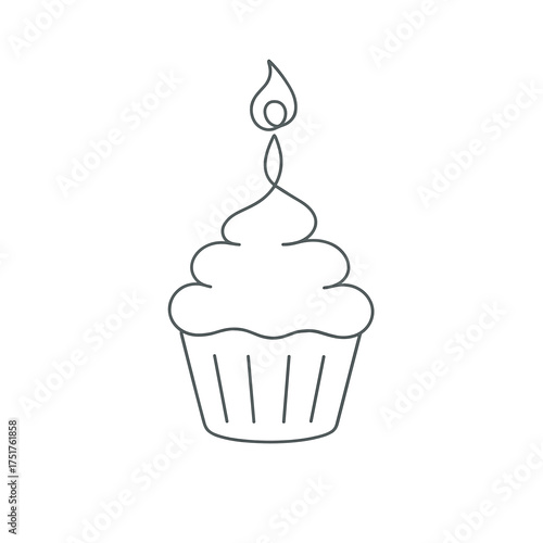 Line art cupcake with candle on top for celebration design  