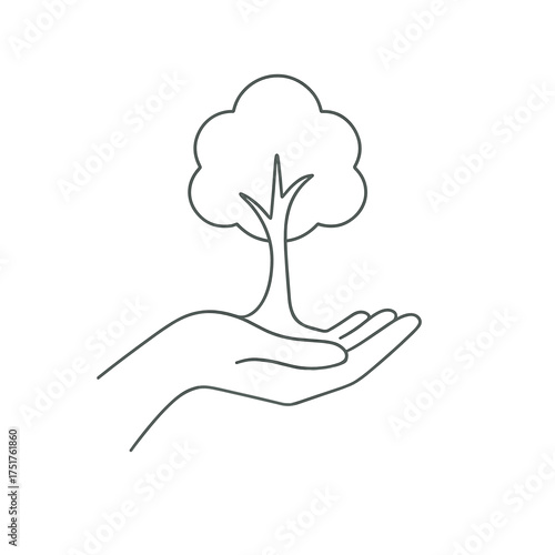 Hand holding small tree in minimalist line art style  