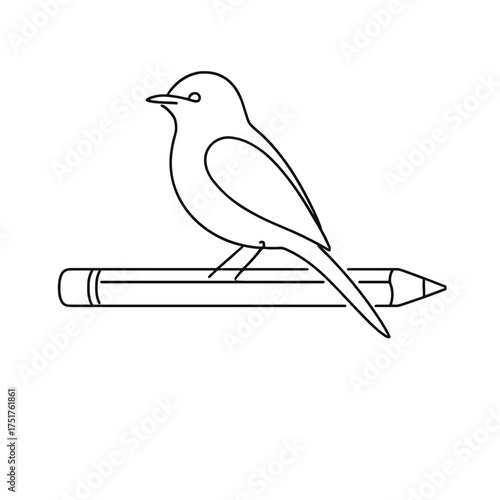 Line drawing of a bird perched on a colored pencil  