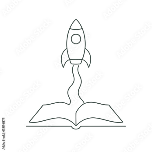 Rocket launching from open book in minimalist linear design  
