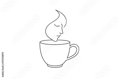 Line art of a woman’s face emerging from a coffee cup  