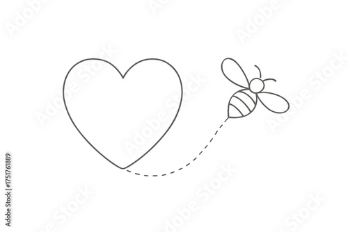 Line drawing of a bee flying towards a heart shape  