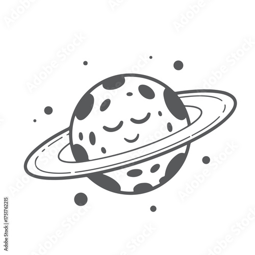 Smiling Cartoon Planet with Rings and Stars Black and White Space Illustration