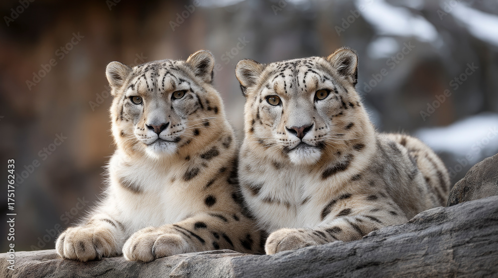 Obraz premium A pair of snow leopards resting together on a rocky outcrop, their thick fur coats blending with the snowy background