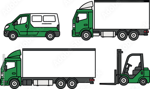 Green cargo transport vehicles and forklift illustration, delivery truck logistics set, warehouse distribution, commercial van and freight transportation equipment concept, vector design