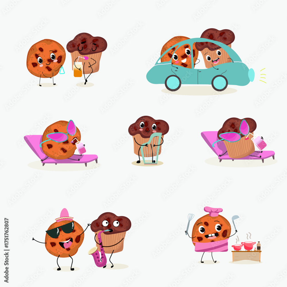 Fototapeta premium Sweets, bakery funny characters, hand drawn vector illustration.